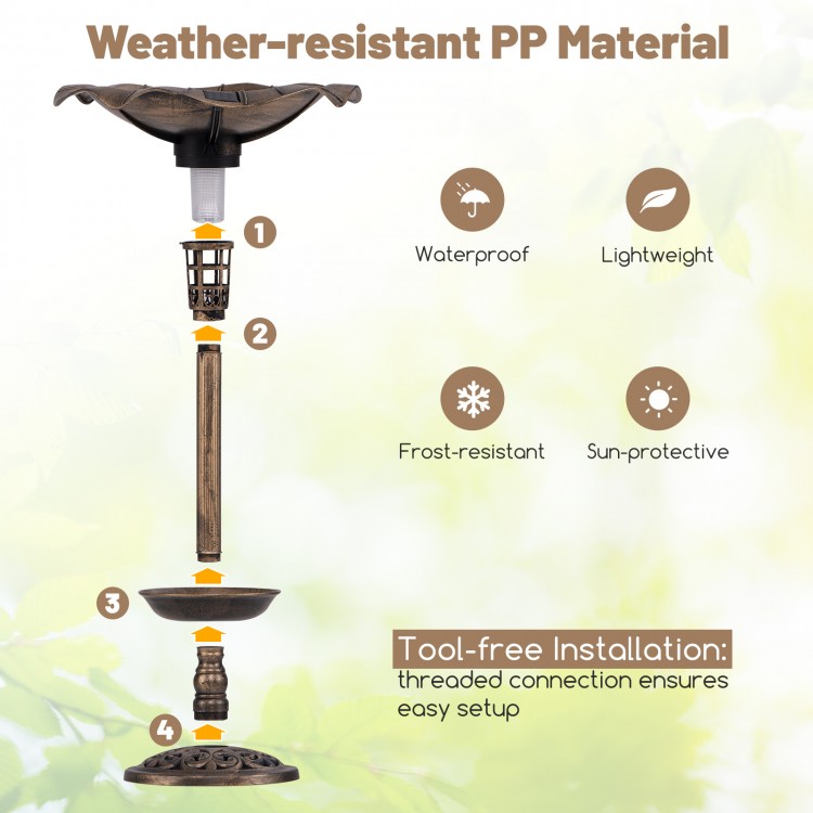 Standing pedestal birdbath and feeder combo in bronze with lotus leaf bowl, made of weather-resistant PP material.